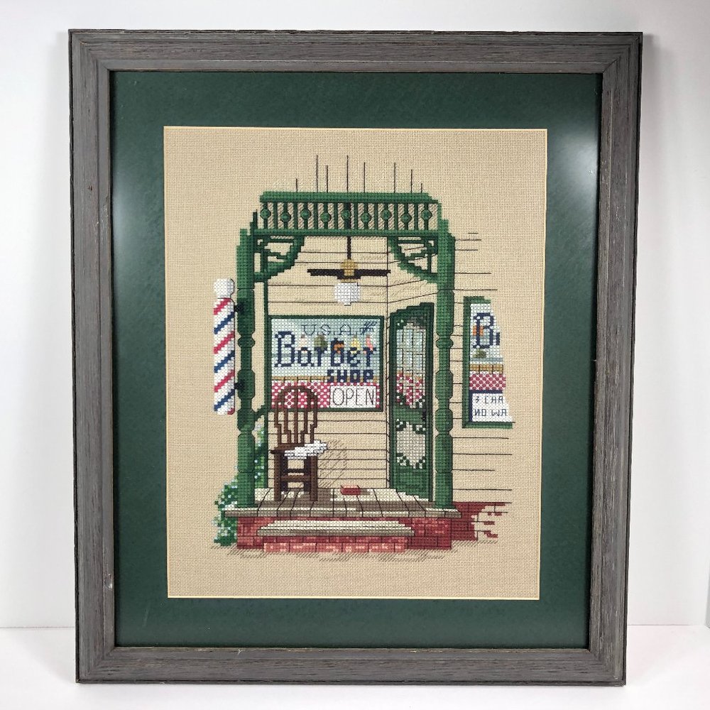 Finished Framed Handmade Cross Stitch Barber Shop Pole USA Nostalgic 16" x 13.5"